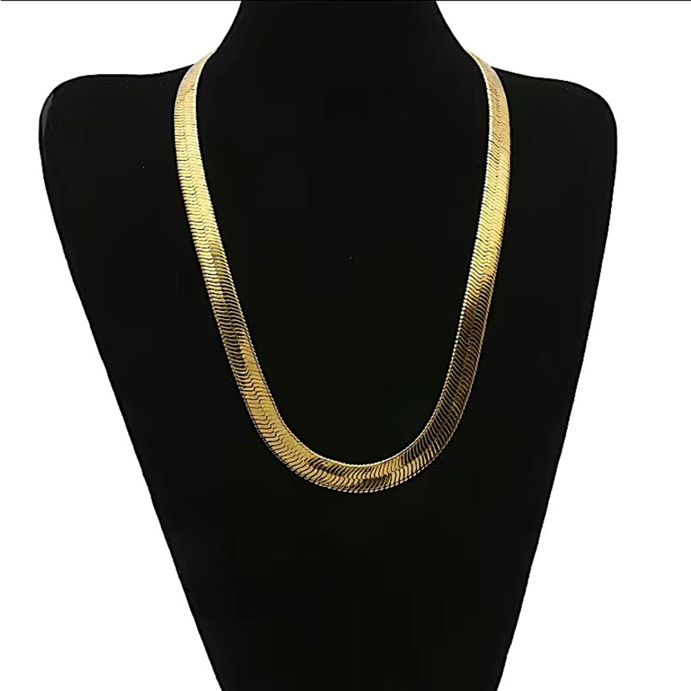 Gold Herringbone Flat Necklace Bracelet Set, Unisex, Two Piece 4mm - Picture 3 of 9
